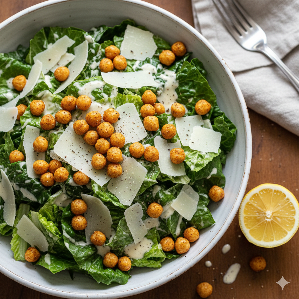 Creamy Caesar Salad with Roasted Chickpea Croutons