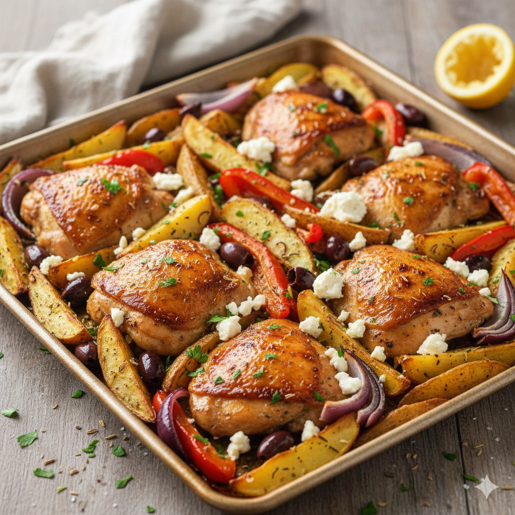 Sheet-Pan Greek Chicken & Potatoes with Feta