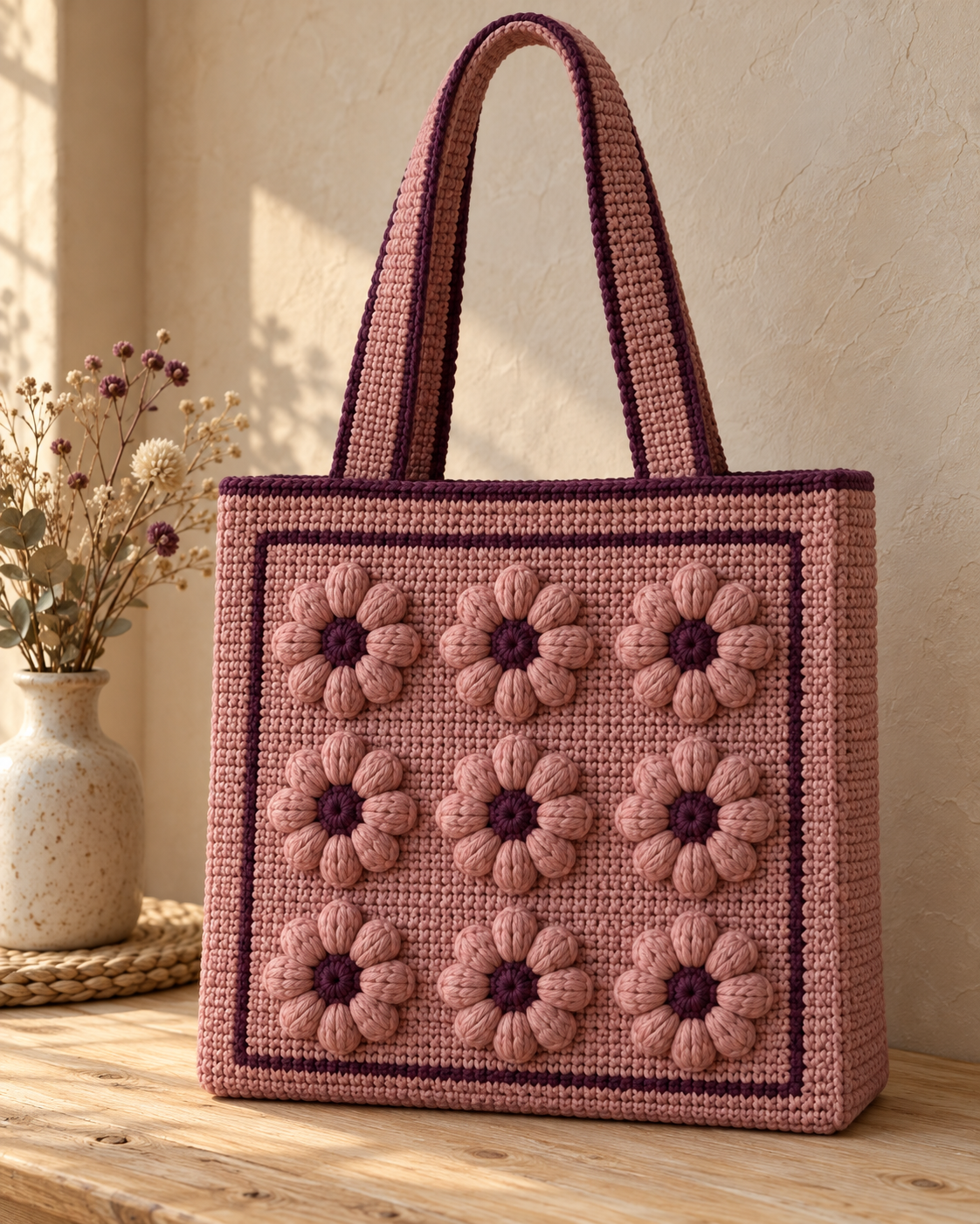 Charming Dusty Rose Puff Flower Tote
