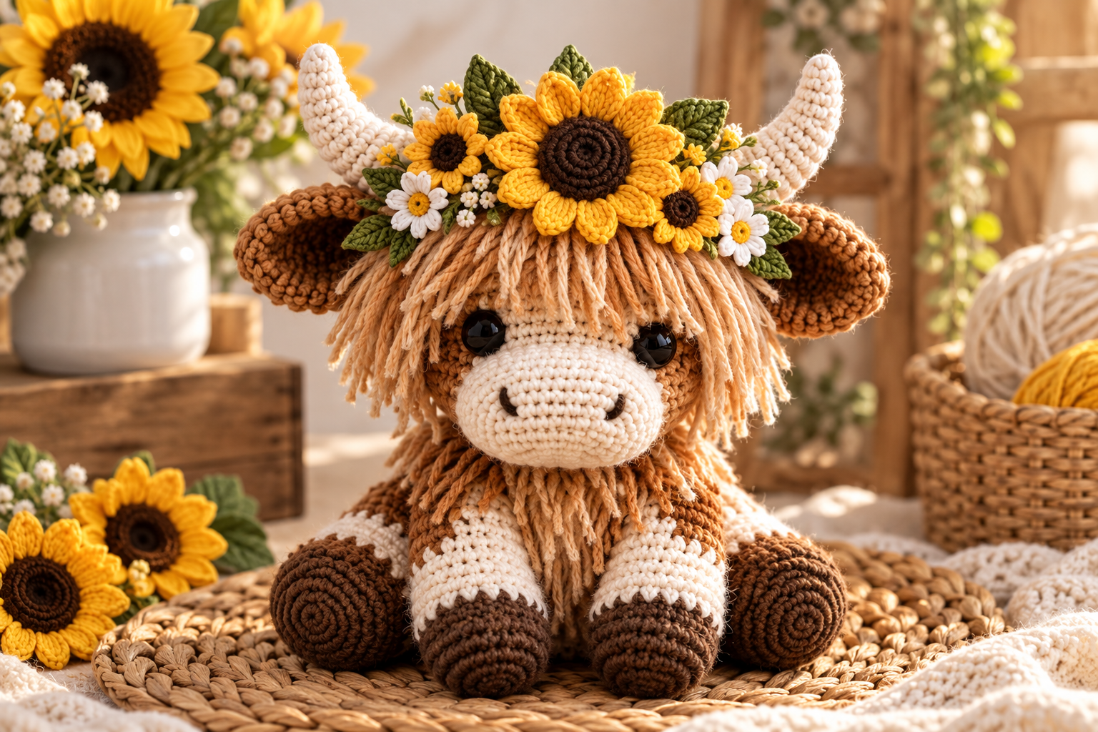 7 Easy Crochet Highland Cow Ideas with Sunflowers